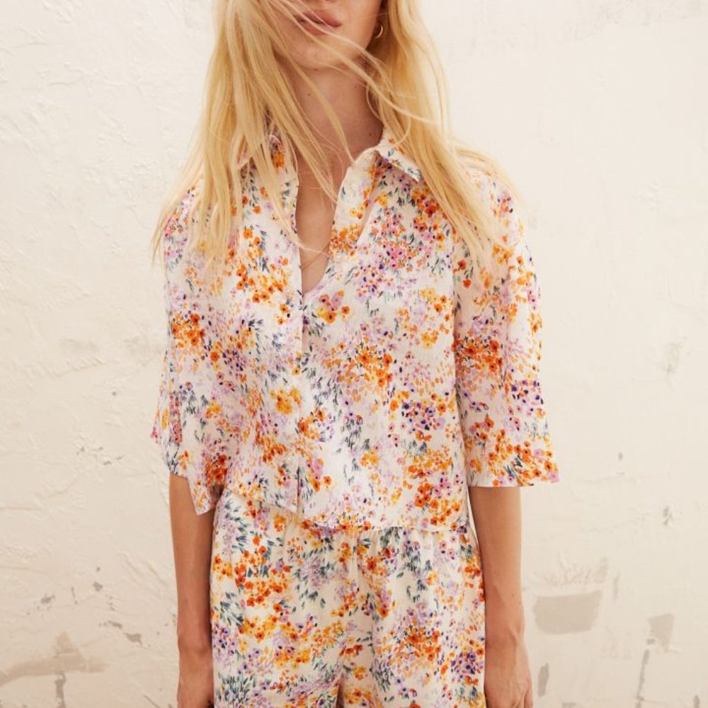 H&M Floral Linen Short & Shirt Set
